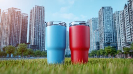 Obraz premium Two Insulated Tumblers on Green Grass with City Skyline Background Mockup for Customizable Branding