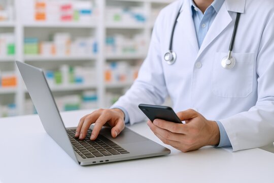 Doctor Using Laptop and Smartphone in Pharmacy for Patient Care and Electronic Prescription