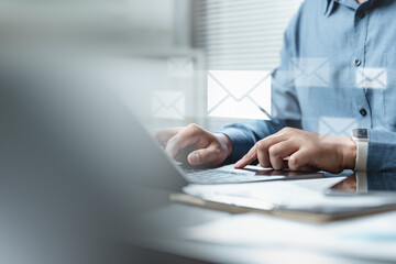 Email marketing concept. Mail newsletter send. Receive envelope email. Message contact reminder. Technology marketing.