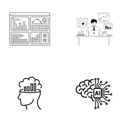 Artificial data analytics, intelligence, and data science technology icons set 