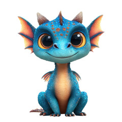 Cute blue dragon character with large eyes and friendly expression sits happily