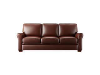 Elegant brown leather sofa three seater classic design, Isolated On White Background, Png Transparent