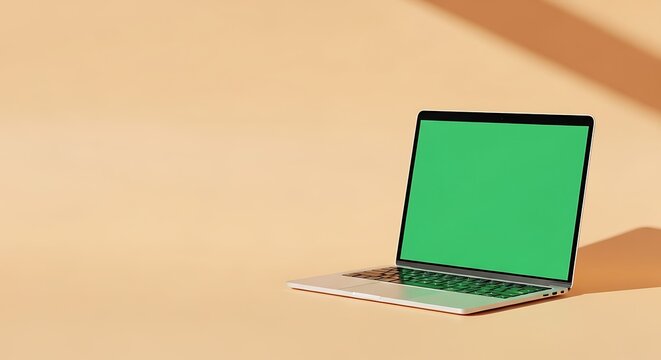 Modern silver laptop with vibrant green screen on a warm peach background with soft shadows.