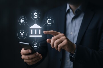 Digital Banking Connectivity: Man Holding Phone with Currency Icons Flowing to a Central Bank Symbol