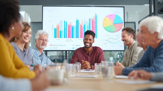 Diverse Business Team Meeting: Collaborative Analysis, Financial Review, and Strategic Planning in Modern Conference Room