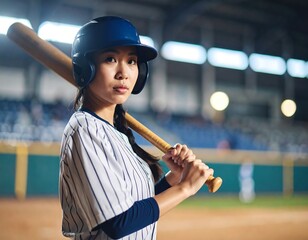 Confident asian baseball player poised with bat in stadium ready for the game