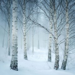 Misty birch forest, birch trees