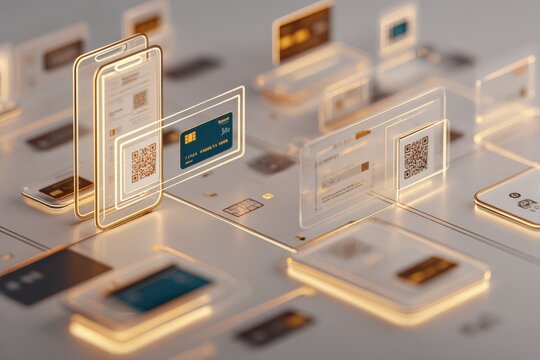 Digital Payment Interface: Mobile Banking and Contactless Transactions on Multiple Devices with Glowing Details - Powered by Adobe