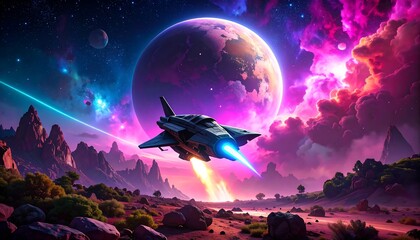 Futuristic spaceship soaring through a vibrant nebula and planet landscape