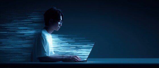 Focused Professional Working on Laptop with Speed Blur Effects in Modern Blue Tones