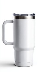 Obraz premium White Insulated Mug with Handle for Hot and Cold Drinks on White Background