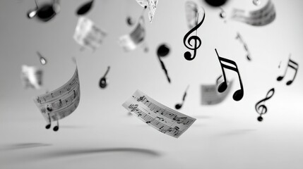 Floating Music Notes and Sheets: Abstract Musical Composition with Dynamic Movement and Expressive Design