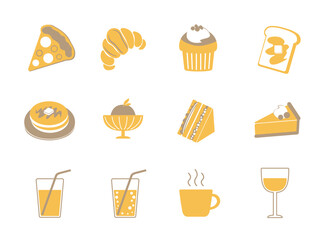 カフェ風フード＆ドリンク ベクターアイコン（12種類セット）2色のシンプル＆フラットデザイン