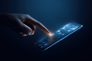 Finger Tapping on Futuristic Smartphone with Holographic Display, Modern Technology and User Interface, Dark Blue Background