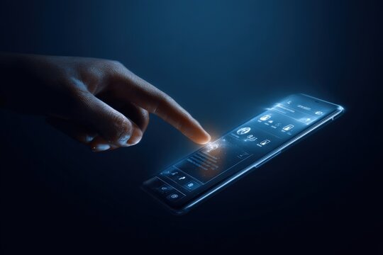 Finger Tapping on Futuristic Smartphone with Holographic Display, Modern Technology and User Interface, Dark Blue Background