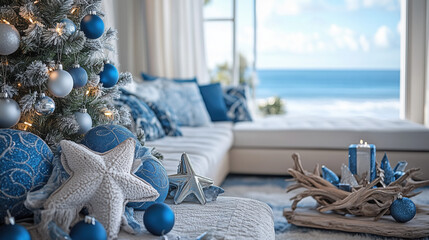 Obraz na płótnie Canvas a seaside coastal living room with blue and silver Christmas decorations, driftwood tree, ocean view