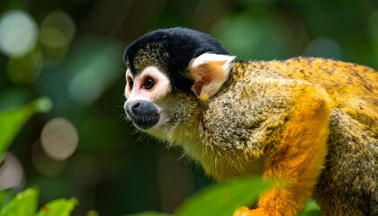 Obraz premium Squirrel Monkey Portrait in Lush Greenery A Glimpse into the Amazon Rainforest