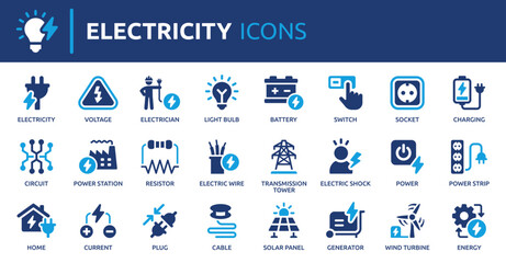 Electricity icon set. Containing energy, power, voltage, current, plug, battery, electrician, socket and more. Solid vector icons collection.