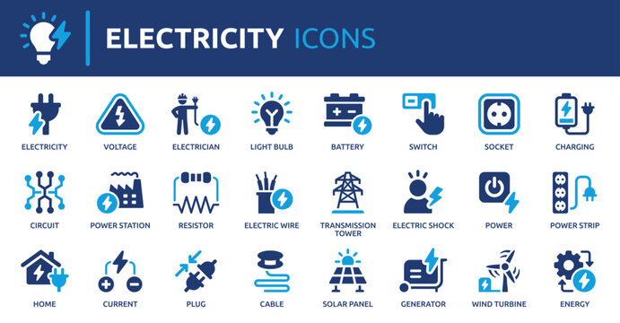 Electricity icon set. Containing energy, power, voltage, current, plug, battery, electrician, socket and more. Solid vector icons collection.