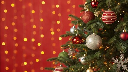 Closeup of a beautifully decorated christmas tree with red and silver ornaments against a blurred red background with golden bokeh lights