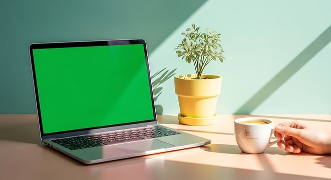 Sunlit home office desk with a laptop green screen mockup a hand holding coffee and a plant. - Powered by Adobe