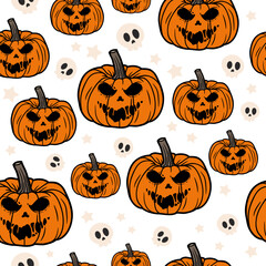 Halloween Seamless Pattern with Pumpkins, Skulls and Stars on Transparent Background