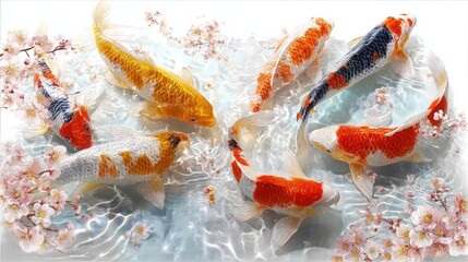 Group of koi fish with vibrant colors swimming in water, clear ripples on bodies, for nature photography or decorative art.