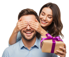 happy couple with woman surprising her man with a gift box