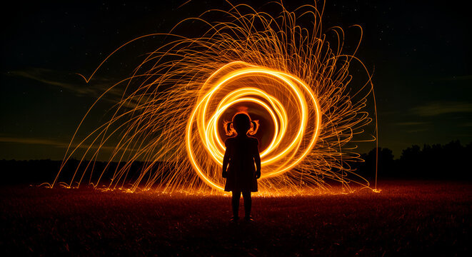 Silhouette of a child standing in front of a long exposure light painting