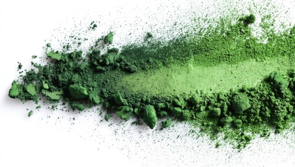 Green paint powder with space for text on a white background, flat lay, top view, high resolution