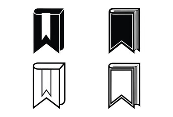 Four stylized illustrations of open books with bookmarks in a simple graphic design