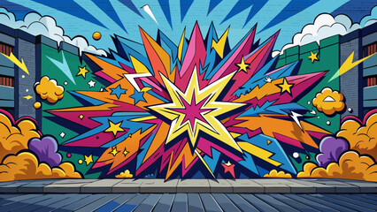 Colorful background in comic style explosion mural on urban wall, street art vector