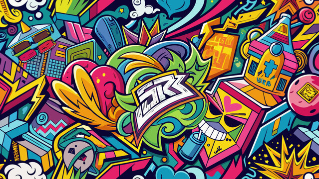 Colorful urban graffiti art vector illustration, street murals and tags for street art enthusiasts