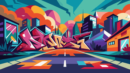 Vibrant Graffiti Art on City Street with Abstract Buildings and Colorful Sky © Damini
