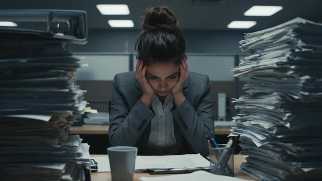 Overwhelmed Businesswoman at Desk - A young businesswoman sits at her desk, head in hands, surrounded by towering stacks of paperwork.