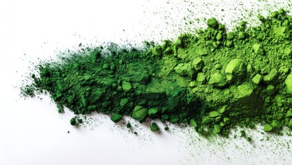 Green paint powder with space for text on a white background, flat lay, top view, high resolution