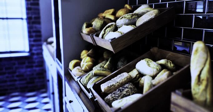 Baskets filled with various types of bread are arranged on wooden shelves in a rustic bakery. The warm afternoon light highlights the textures and colors of the baked goods, inviting customers.