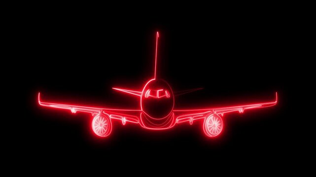 Neon glowing airplane flying animation, digital aircraft symbol, modern travel and tourism concept, vacation journey, flight icon design on black background