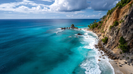 Obraz premium Calm close-up of calm sea water waves with palm trees. Beautiful panorama, tropical island beach landscape exotic shore coast. Summer vacation, holiday amazing nature. Sea background