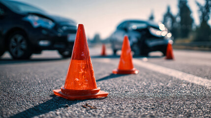 Close-up of traffic cones on road during daytime with cars in background
