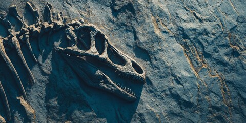 Naklejka premium Close-up of a dinosaur skeleton fossil skull and skeleton in the ground. The texture and detail evoke a sense of prehistoric times and discovery.
