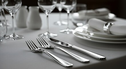 Elegant Silver Cutlery Place Setting on White Tablecloth for Dining