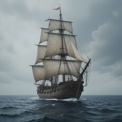 Majestic Tall Ship Sails Through Open Sea Under Cloudy Skies