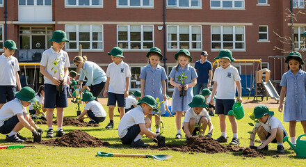Diverse group of school children planting trees in schoolyard, promoting environmental education and sustainability, with a teacher supervising.
