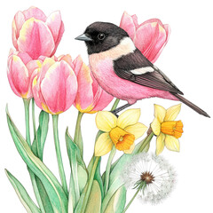 Pink robin bird perched on pink tulips and daffodils with dandelion isolated on transparent background