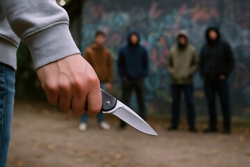 Tense standoff unfolds as young person grips knife tightly facing blurred figures, hinting at danger, confrontation, and urban drama.