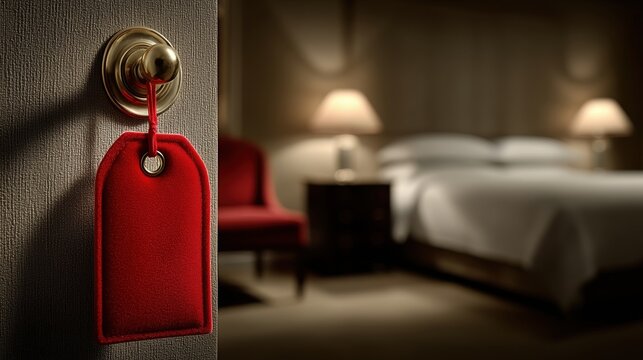 A velvet red door tag hangs on a brass knob in a softly lit upscale hotel room.