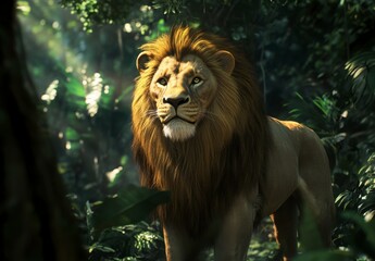 Fototapeta premium Majestic Lion In Lush Green Forest Setting