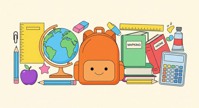 Vibrant collection of school supplies featuring a cheerful backpack, globe, books, and calculator ready for learning