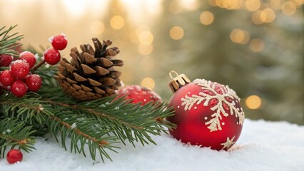 Obraz premium Christmas decoration with pine cone, red ornaments, and berries on a snowy surface with bokeh lights in the background for holiday season